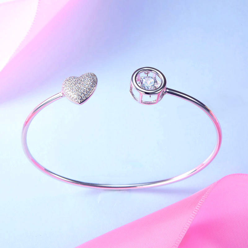 Dancing Stone Heart Bangle Solid 925 Sterling Silver Bridal Wedding