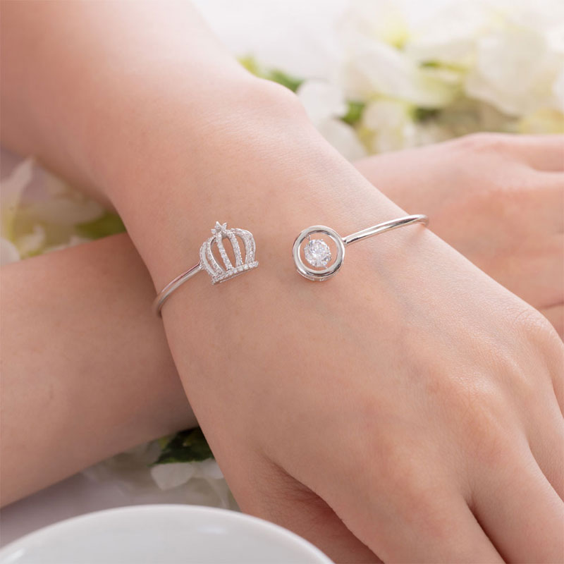 Dancing Stone Crown Bangle Solid 925 Sterling Silver Bridal Wedding