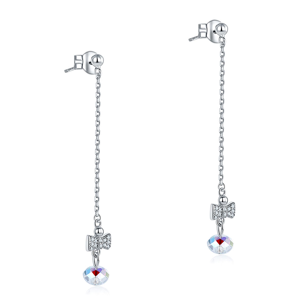 Solid 925 Sterling Silver Drop Dangle Ribbon AB Crystal Earrings