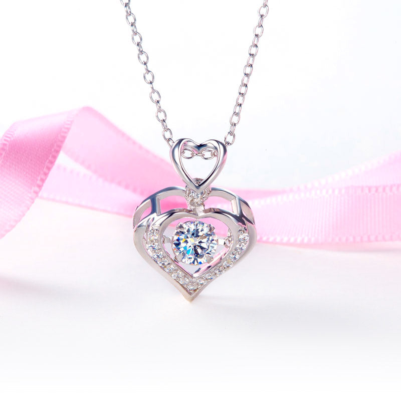 Double Heart Dancing Stone Pendant Necklace 925 Sterling Silver Bridesmaid Gift