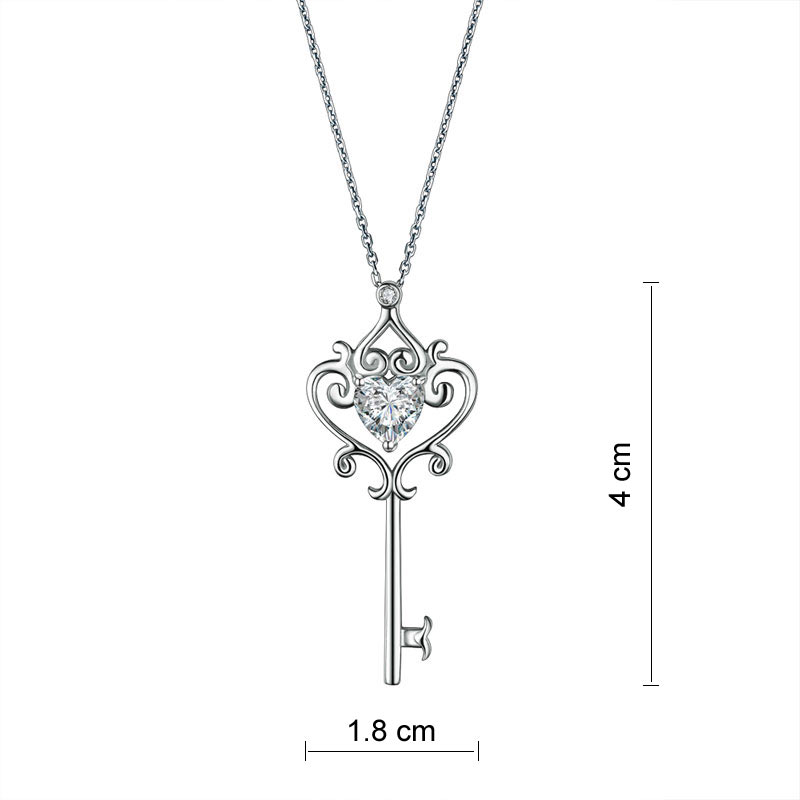 Love Heart Key 925 Sterling Silver Pendant Necklace Vintage Style 1.5 Carat Created Diamond
