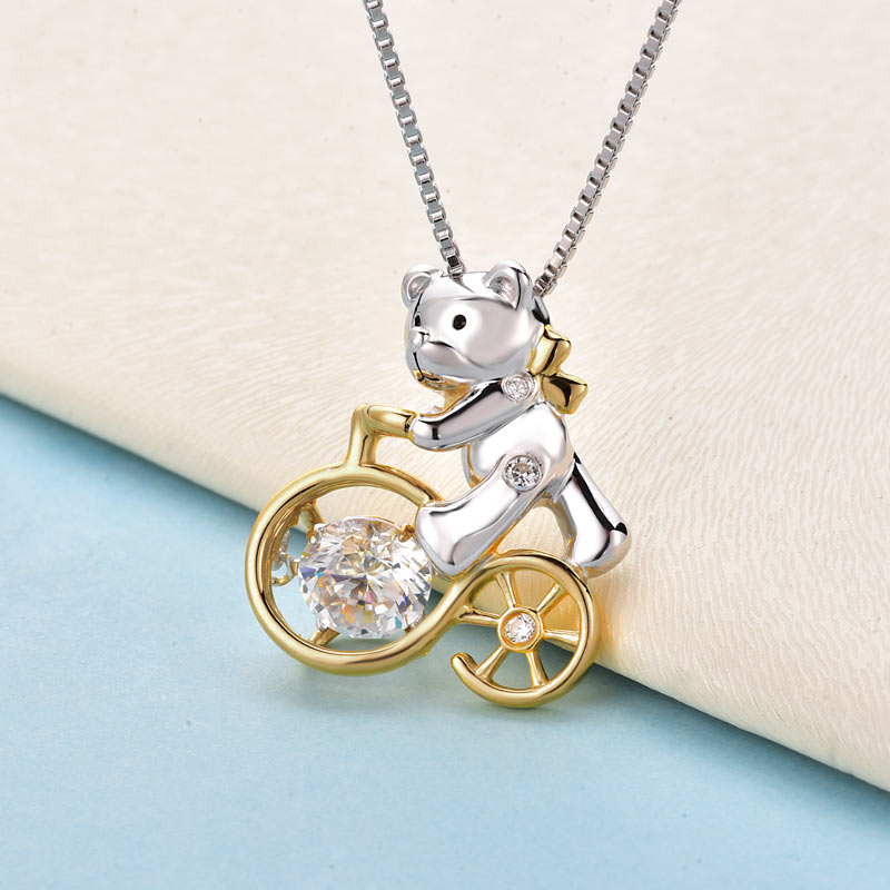 Bear Ride Bicycle Dancing Stone Pendant Necklace 925 Sterling Silver