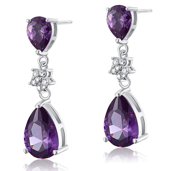 3.5 Carat Purple Pear Cut Created Sapphire 925 Sterling Silver Dangle Earrings