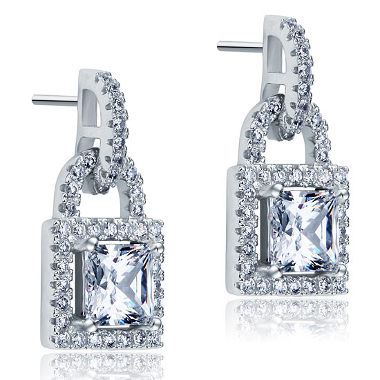 Created Diamond Dangle Drop Key Lock Sterling 925 Silver Earrings
