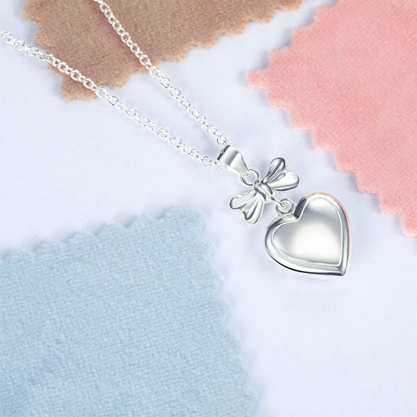 Kids Girl Ribbon Heart Pendant Necklace 925 Sterling Silver Children Jewelry