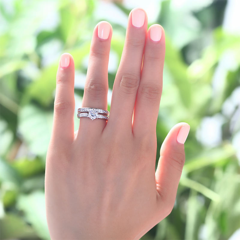 1 Carat Round Cut Created Diamond 925 Sterling Silver 2-Pc Wedding Engagement Ring Set