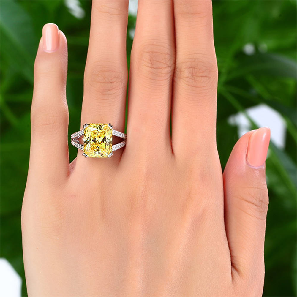 925 Sterling Silver Luxury Ring 6 Carat Fancy Yellow Created Diamond Radiant Cut