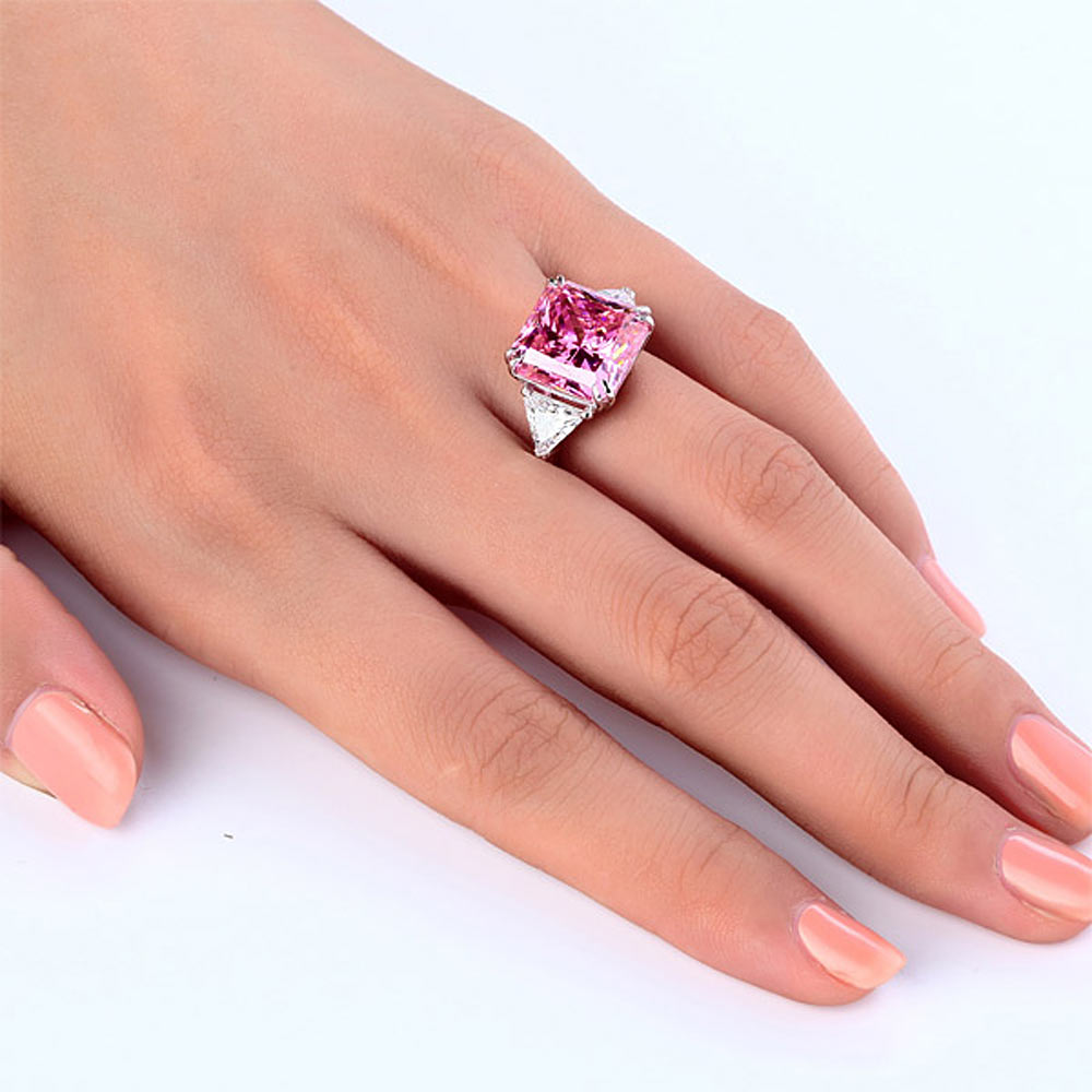 925 Sterling Silver Three-Stone Luxury Ring 8 Carat Fancy Pink Sapphire Ring