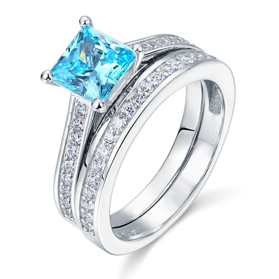 1.5 Carat Princess Cut 2-Pcs Fancy Blue Created Diamond 925 Sterling Silver Wedding Engagement Ring Set