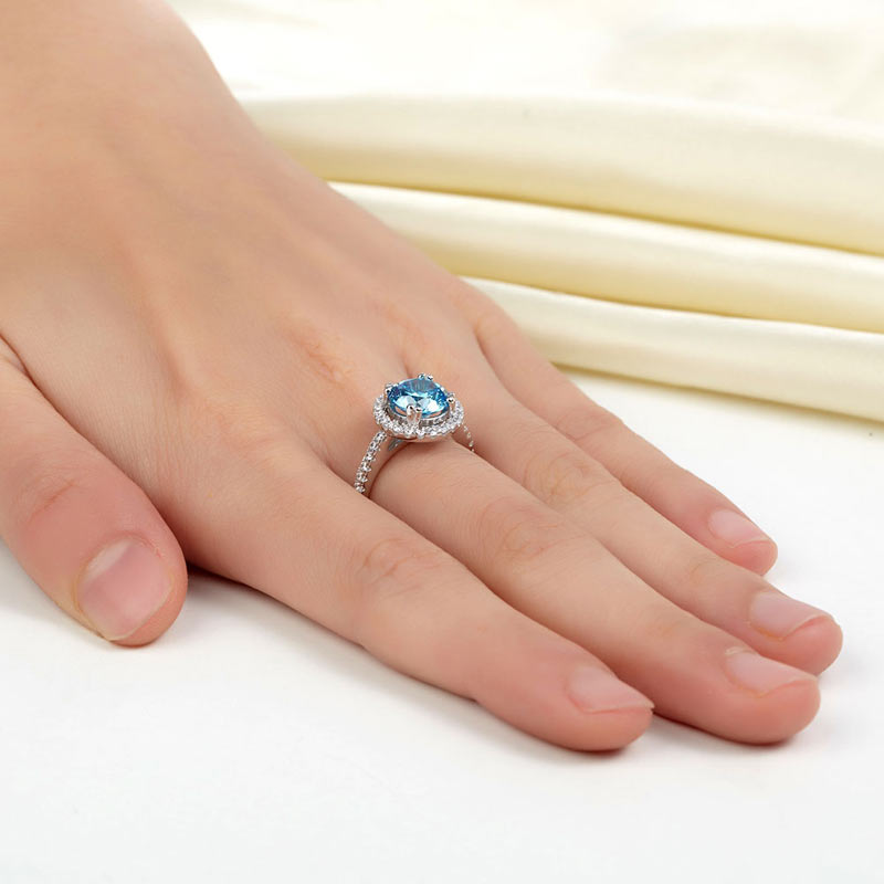 925 Sterling Silver Wedding Engagement Halo Ring 2 Carat Fancy Blue Created Diamond