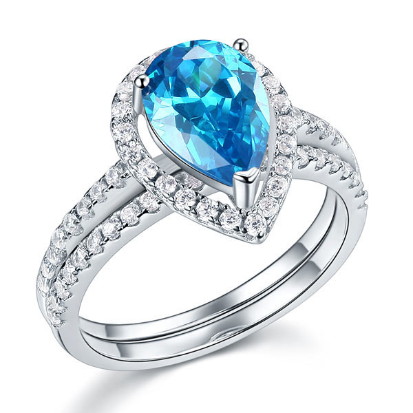 Sterling 925 Silver Bridal Wedding Engagement Ring Set 2 Carat Pear Fancy Blue Created Diamond