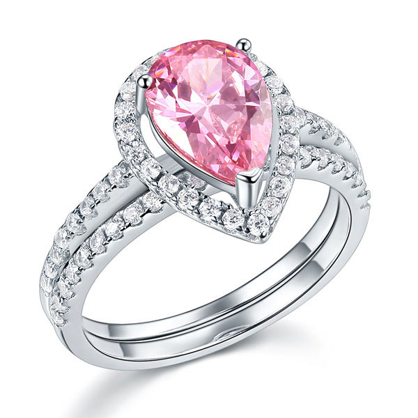 Sterling 925 Silver Bridal Wedding Engagement Ring Set 2 Carat Pear Fancy Pink Created Diamond
