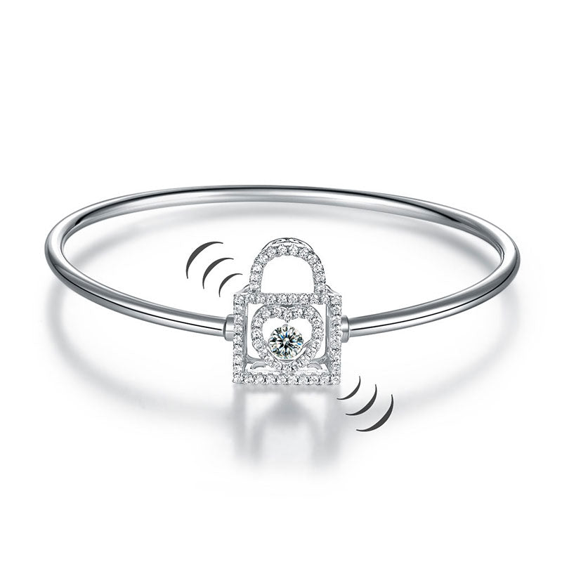 Heart Lock Dancing Stone Bangle Solid 925 Sterling Silver Good for Bridal Bridesmaid Gift
