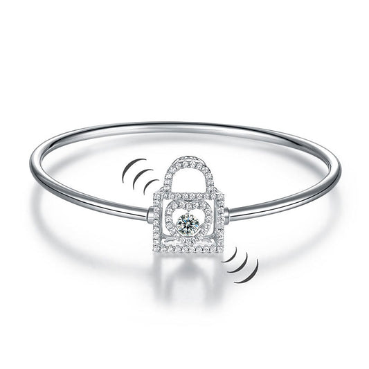 Heart Lock Dancing Stone Bangle Solid 925 Sterling Silver Good for Bridal Bridesmaid Gift