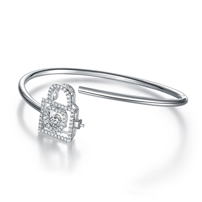 Heart Lock Dancing Stone Bangle Solid 925 Sterling Silver Good for Bridal Bridesmaid Gift