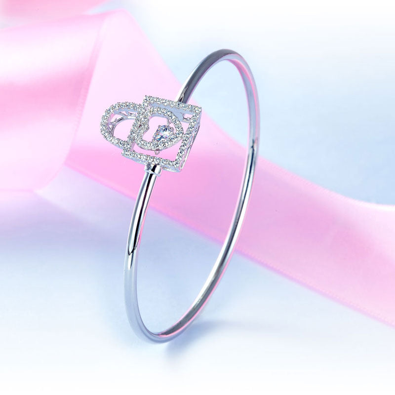 Heart Lock Dancing Stone Bangle Solid 925 Sterling Silver Good for Bridal Bridesmaid Gift