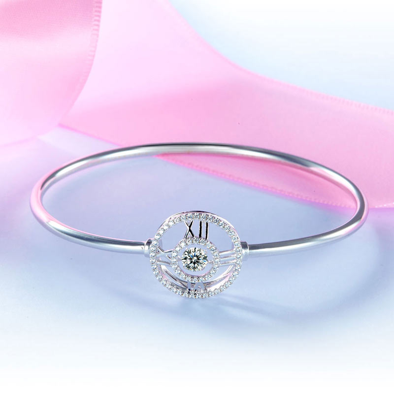 Roman Number Dancing Stone Bangle Solid 925 Sterling Silver for Women