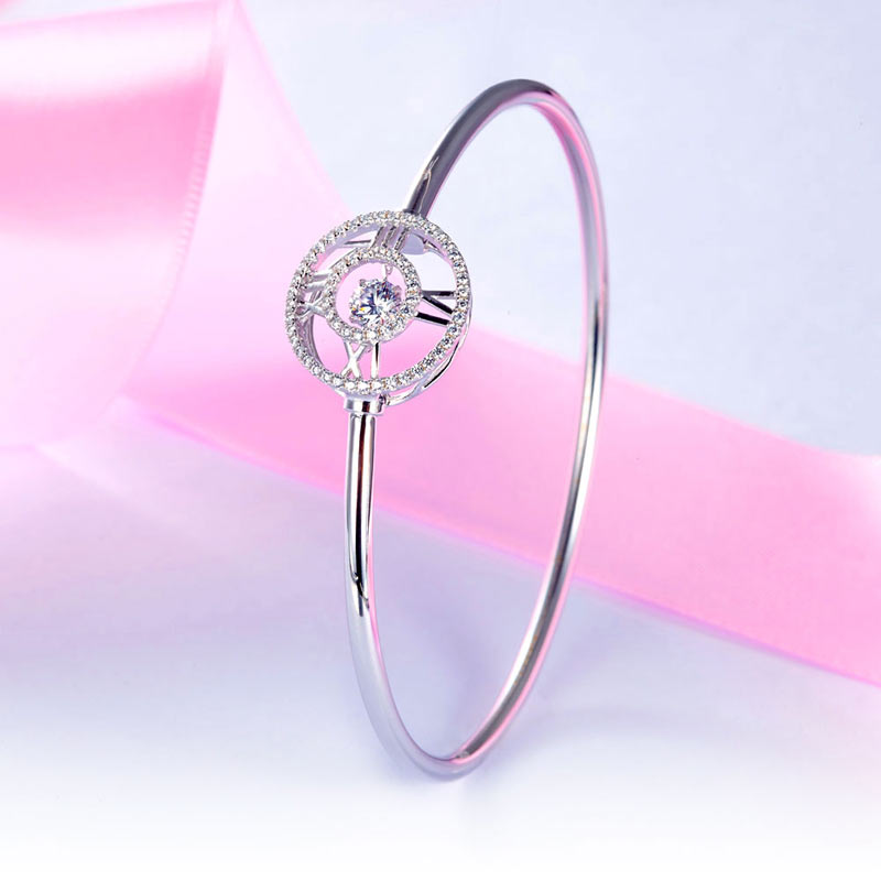 Roman Number Dancing Stone Bangle Solid 925 Sterling Silver for Women