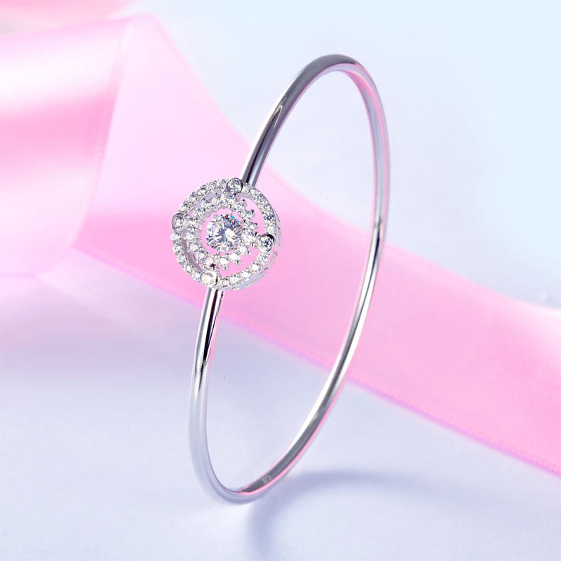 Halo Dancing Stone Bangle Solid 925 Sterling Silver for Women