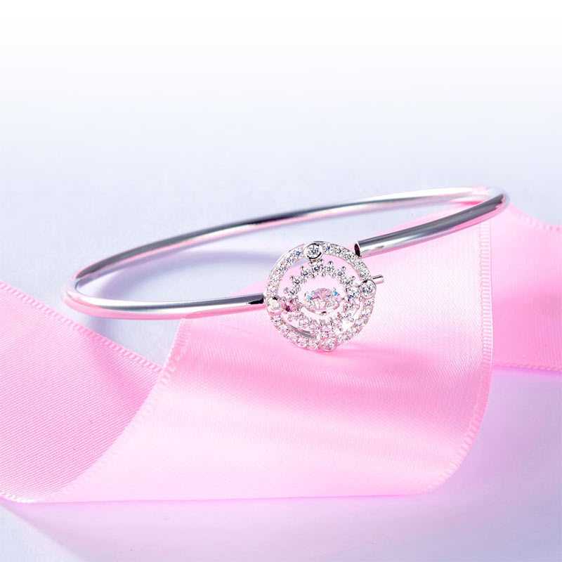 Halo Dancing Stone Bangle Solid 925 Sterling Silver for Women