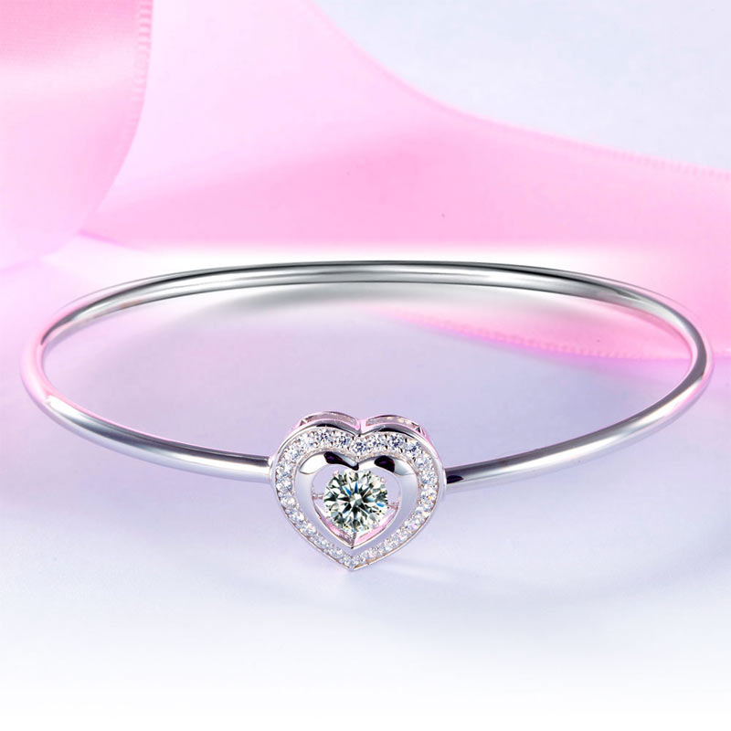 Dancing Stone Heart Bangle Solid 925 Sterling Silver Bridal Wedding