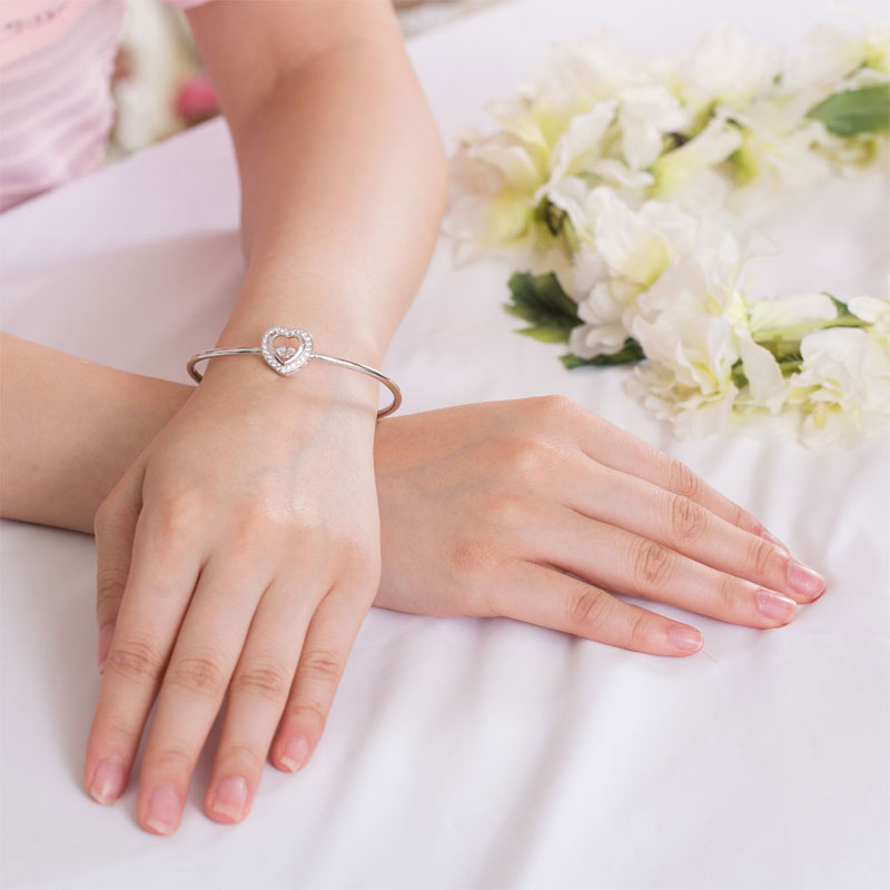 Dancing Stone Heart Bangle Solid 925 Sterling Silver Bridal Wedding