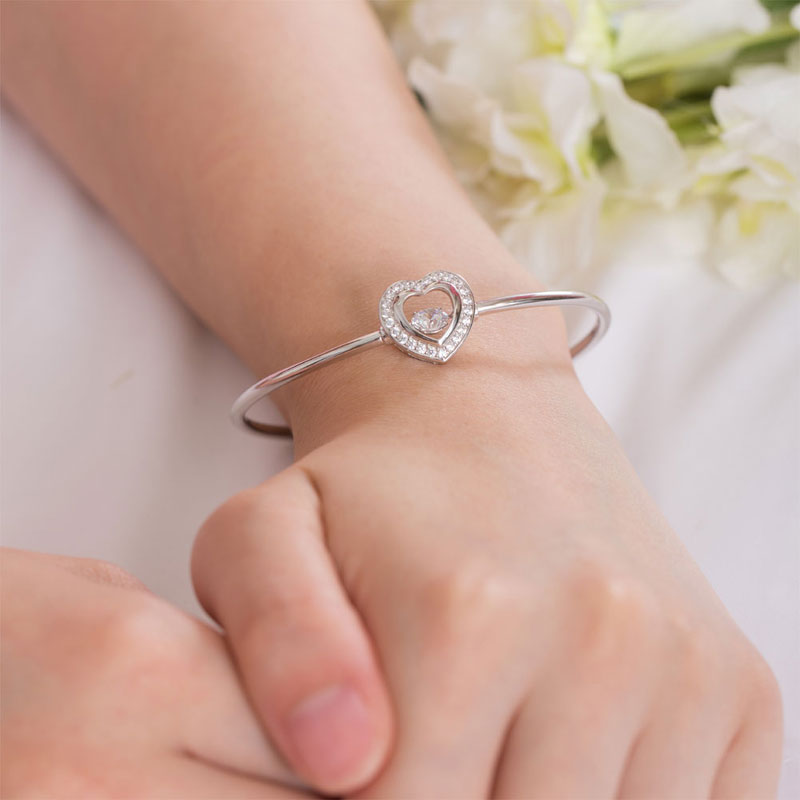 Dancing Stone Heart Bangle Solid 925 Sterling Silver Bridal Wedding