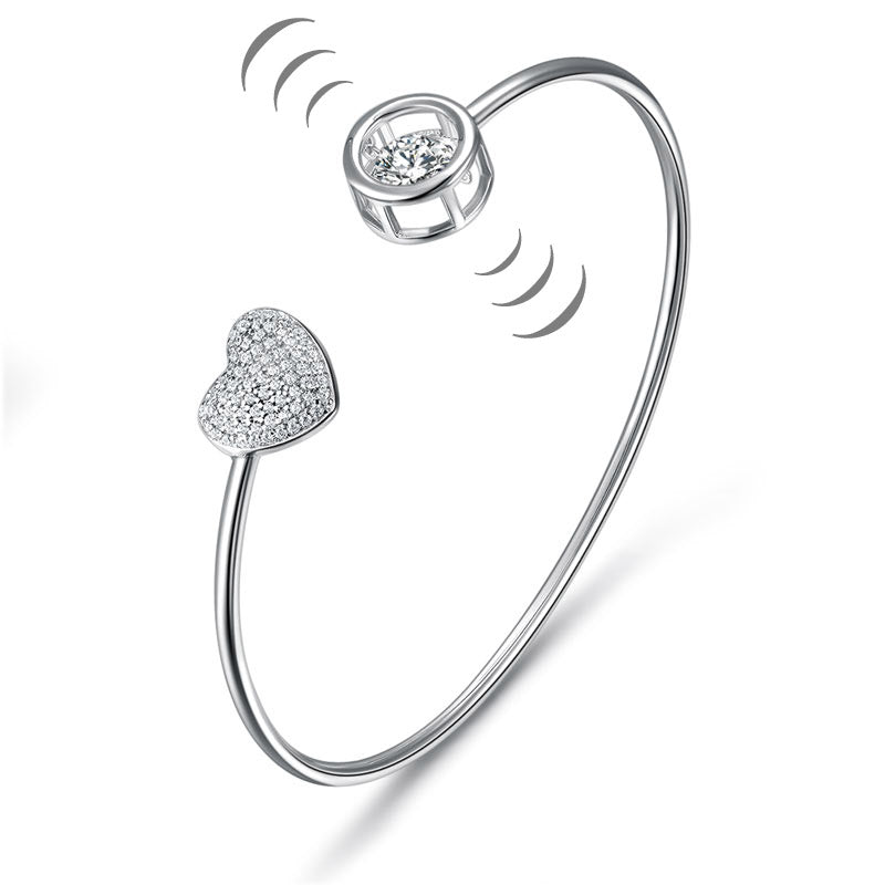 Dancing Stone Heart Bangle Solid 925 Sterling Silver Bridal Wedding