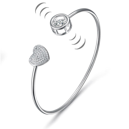Dancing Stone Heart Bangle Solid 925 Sterling Silver Bridal Wedding
