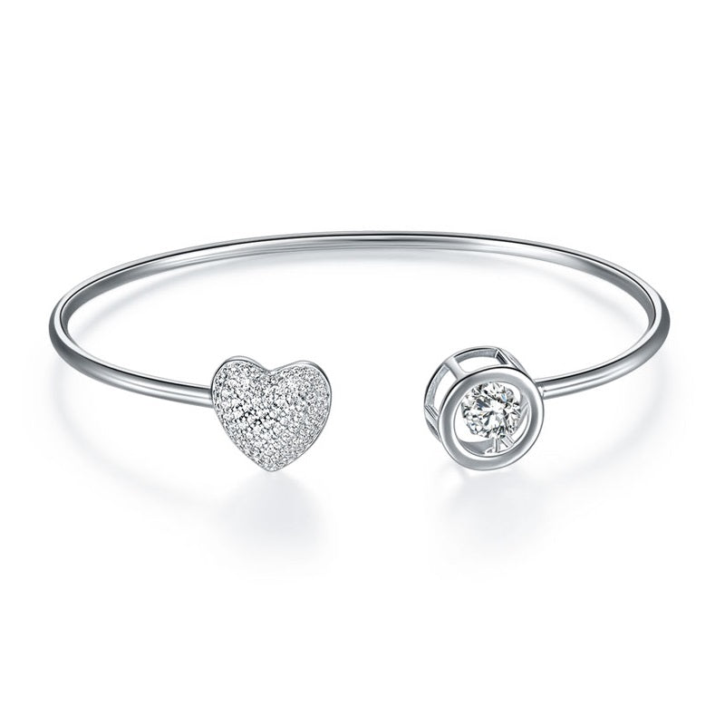 Dancing Stone Heart Bangle Solid 925 Sterling Silver Bridal Wedding