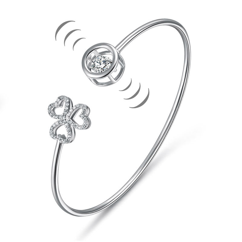 Dancing Stone 3 Hearts Flower Bangle Solid 925 Sterling Silver Bridal Wedding