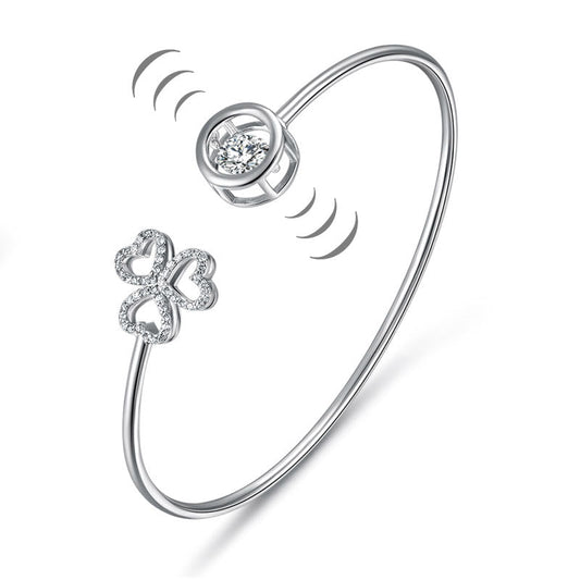 Dancing Stone 3 Hearts Flower Bangle Solid 925 Sterling Silver Bridal Wedding
