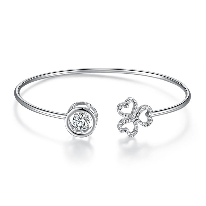 Dancing Stone 3 Hearts Flower Bangle Solid 925 Sterling Silver Bridal Wedding
