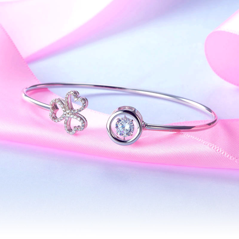 Dancing Stone 3 Hearts Flower Bangle Solid 925 Sterling Silver Bridal Wedding