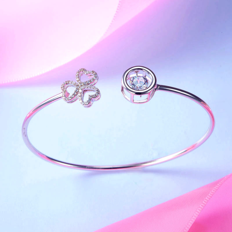Dancing Stone 3 Hearts Flower Bangle Solid 925 Sterling Silver Bridal Wedding