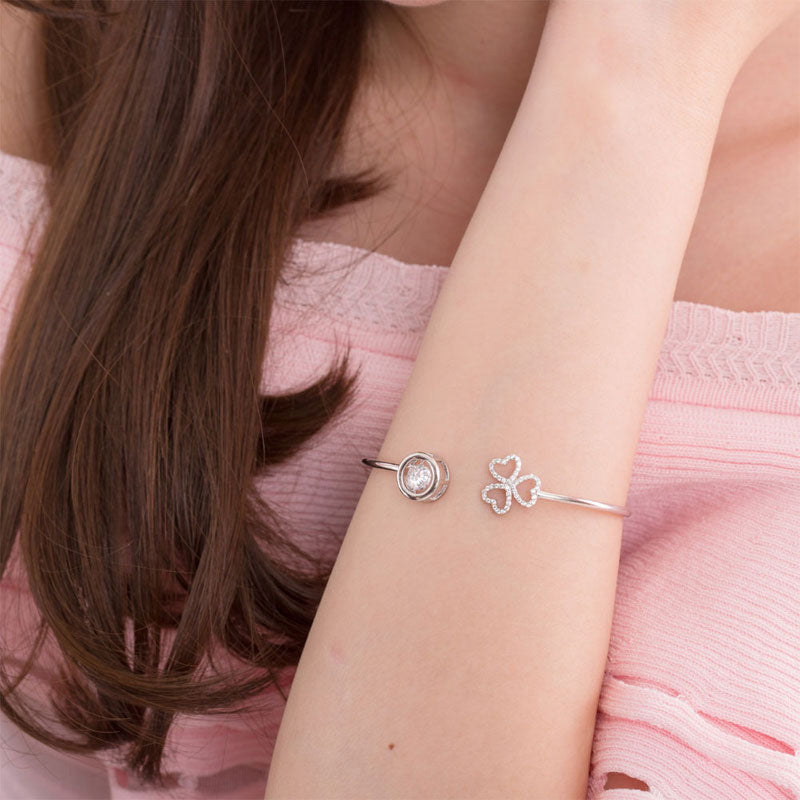 Dancing Stone 3 Hearts Flower Bangle Solid 925 Sterling Silver Bridal Wedding