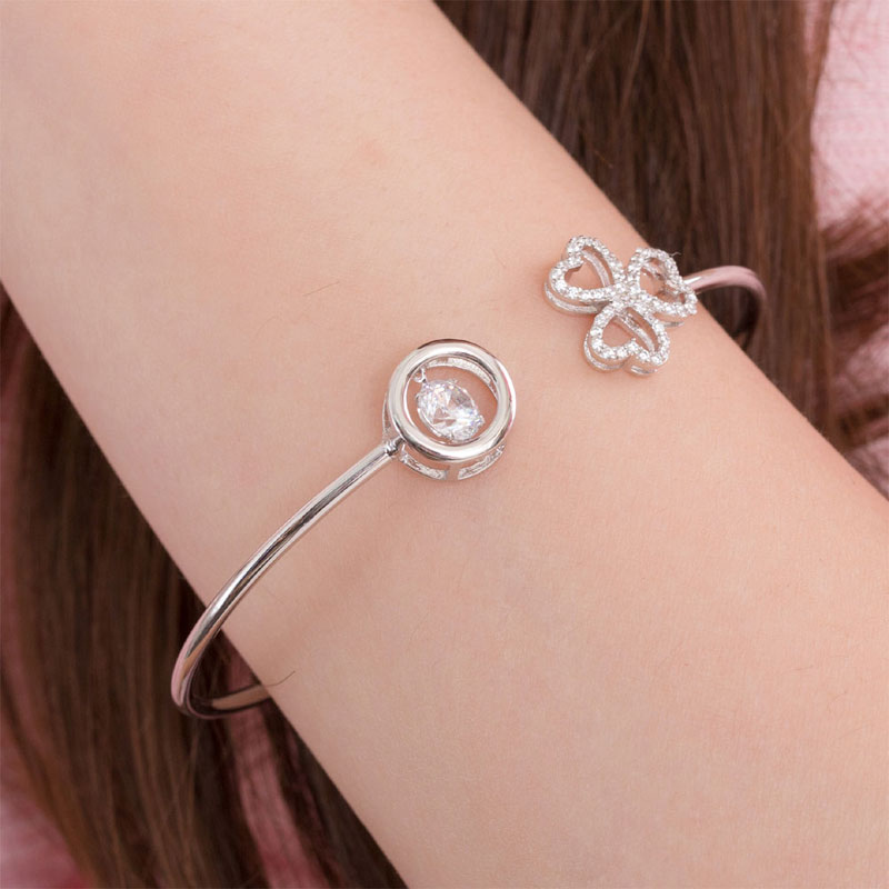 Dancing Stone 3 Hearts Flower Bangle Solid 925 Sterling Silver Bridal Wedding