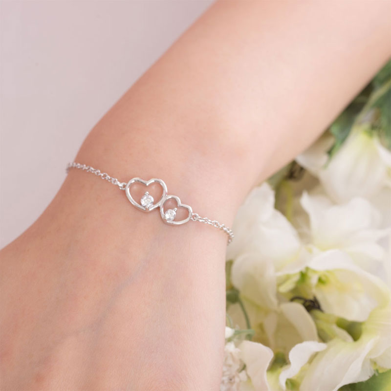 Solid 925 Sterling Silver Bracelet Double Heart Bridesmaid Wedding Gift