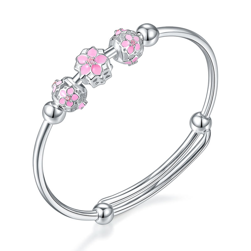 Newborn Baby 999 Pure Silver Pink Flower Baby Bangle
