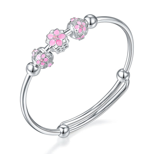 Newborn Baby 999 Pure Silver Pink Flower Baby Bangle