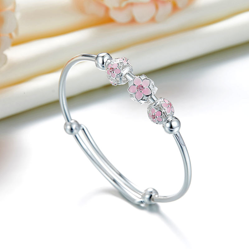 Newborn Baby 999 Pure Silver Pink Flower Baby Bangle