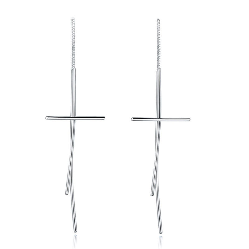 Dangle Drop Cross 925 Sterling Silver Earrings Long Elegant