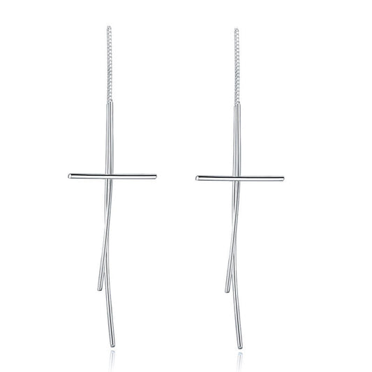 Dangle Drop Cross 925 Sterling Silver Earrings Long Elegant