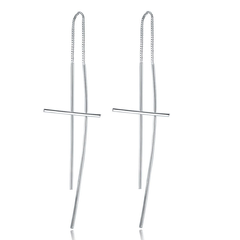 Dangle Drop Cross 925 Sterling Silver Earrings Long Elegant
