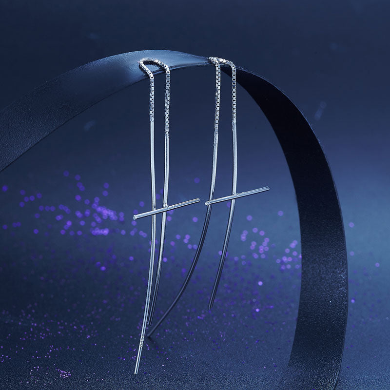 Dangle Drop Cross 925 Sterling Silver Earrings Long Elegant