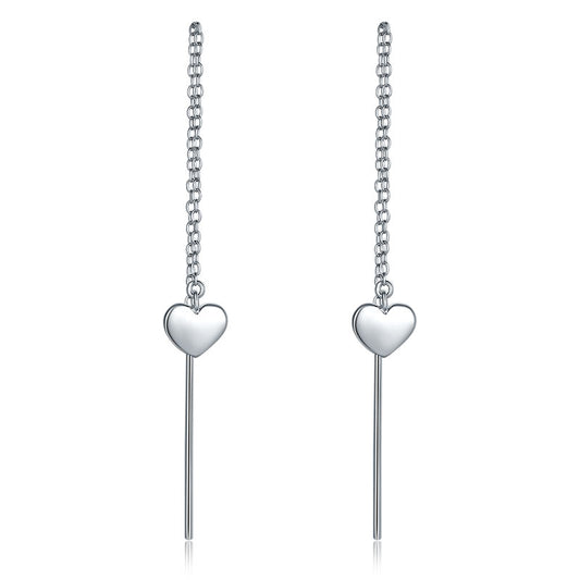 Dangle Drop Heart 925 Sterling Silver Earrings One line Long Elegant