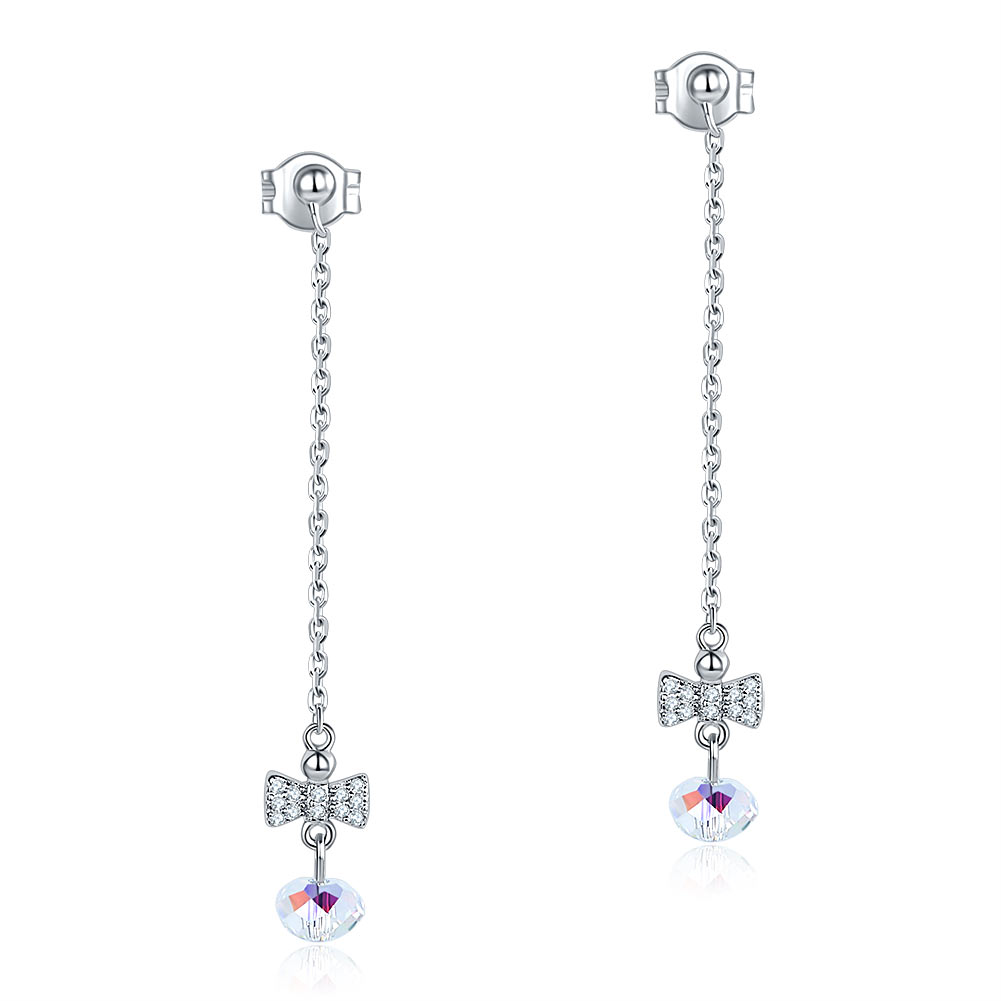 Solid 925 Sterling Silver Drop Dangle Ribbon AB Crystal Earrings