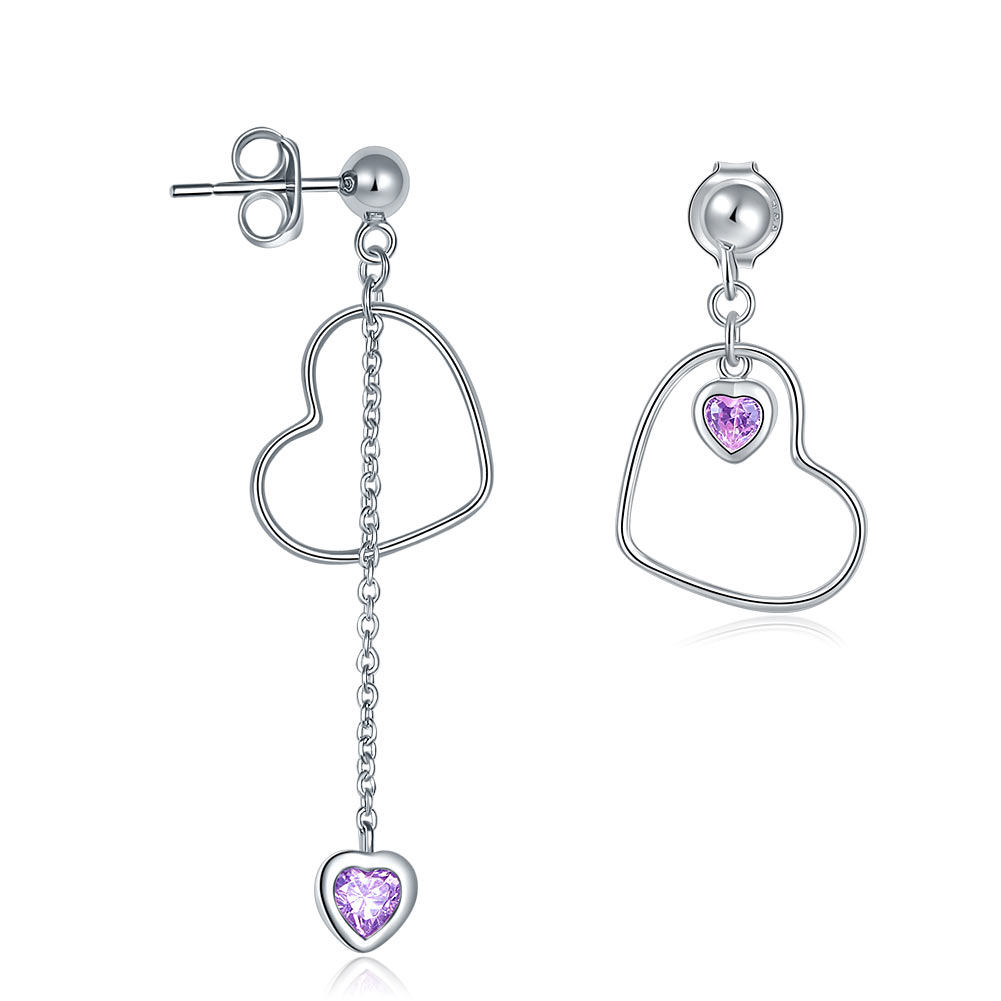 925 Sterling Silver Dangle Drop Pink Heart Earrings