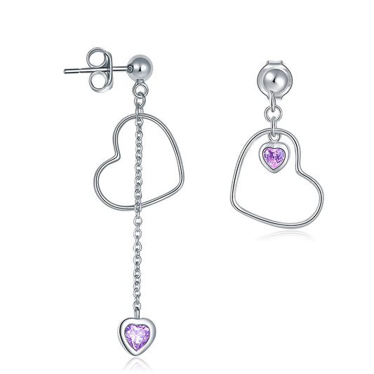 925 Sterling Silver Dangle Drop Pink Heart Earrings