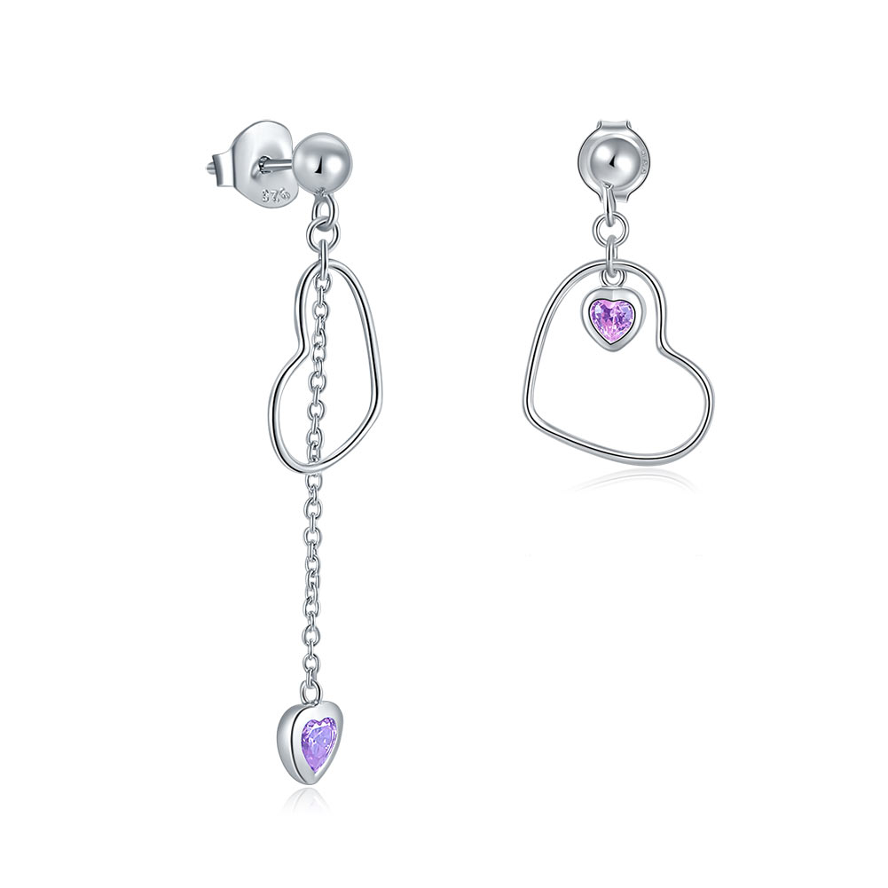 925 Sterling Silver Dangle Drop Pink Heart Earrings